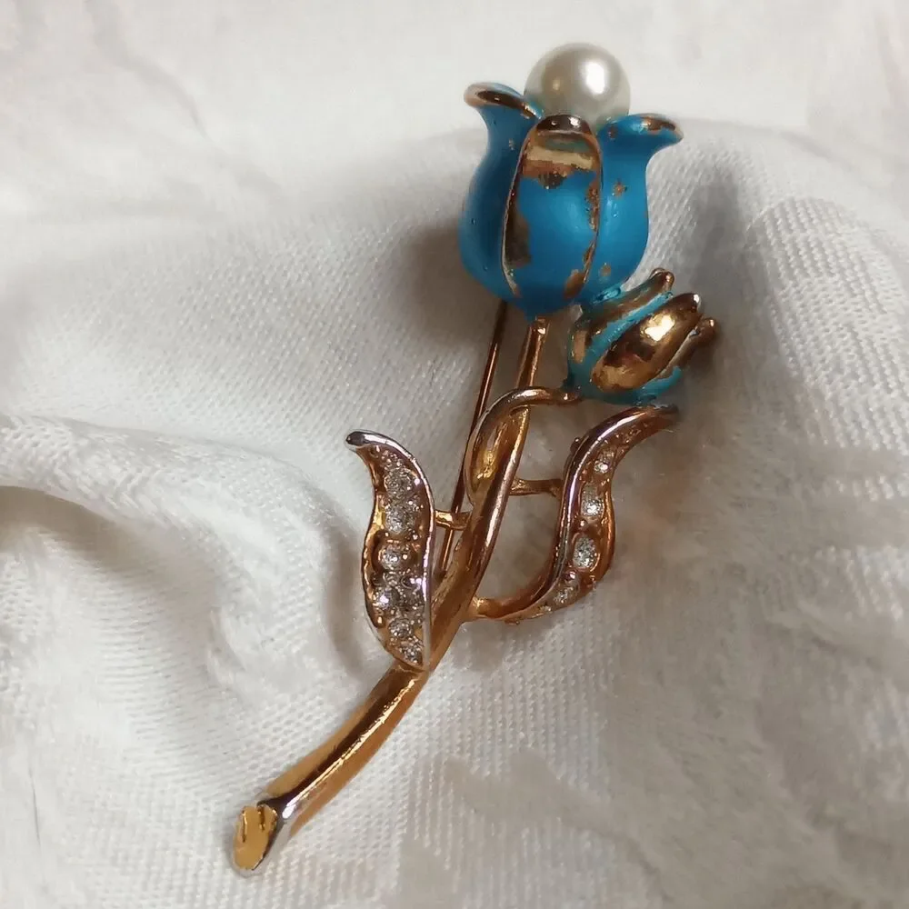 Enameled Teal Vintage Tulip Flower Brooch, Rhinestones faux pearl pot metal 2.5